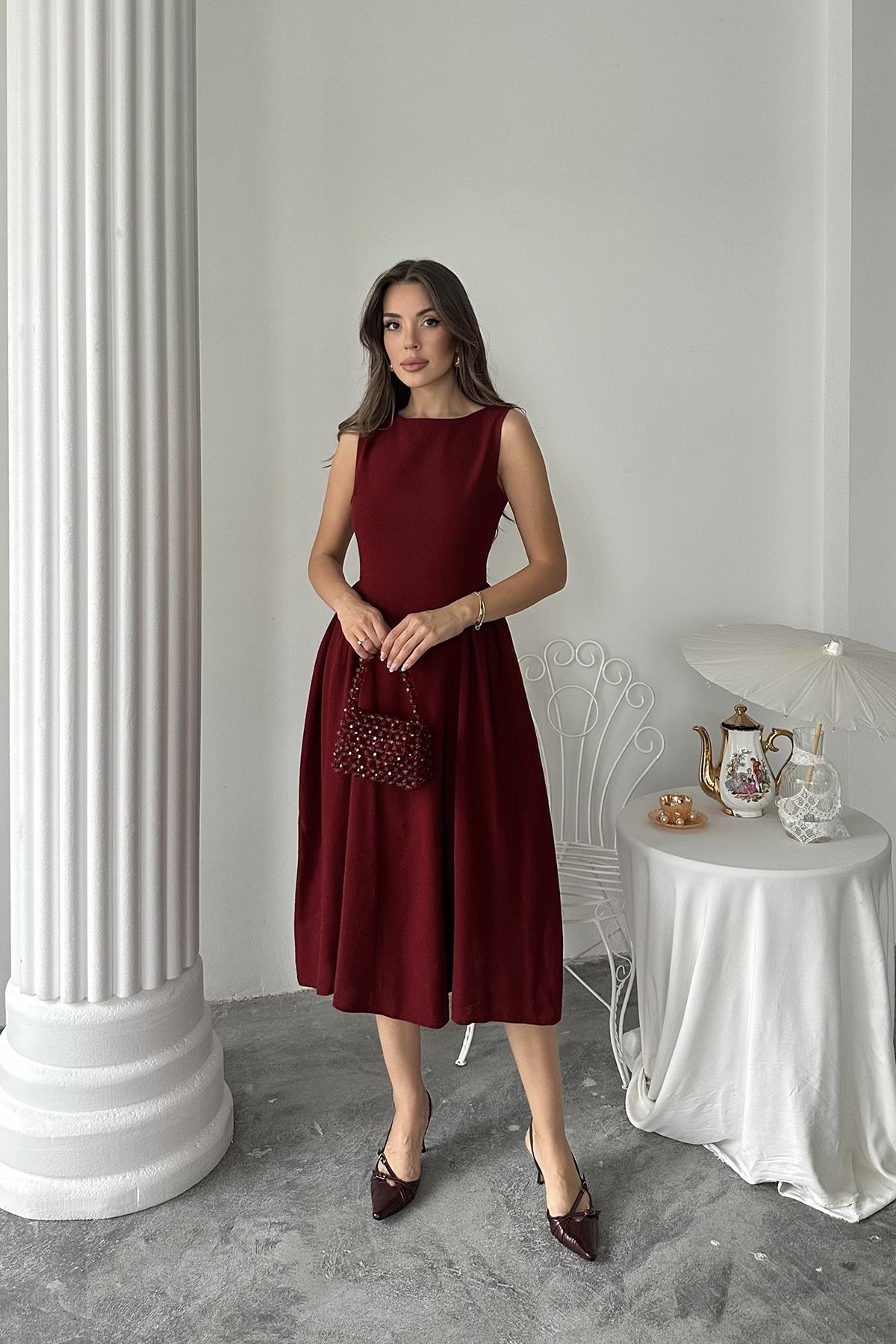 Toptan Bordo Yanları Büzgülü Midi Boy Keten Elbise