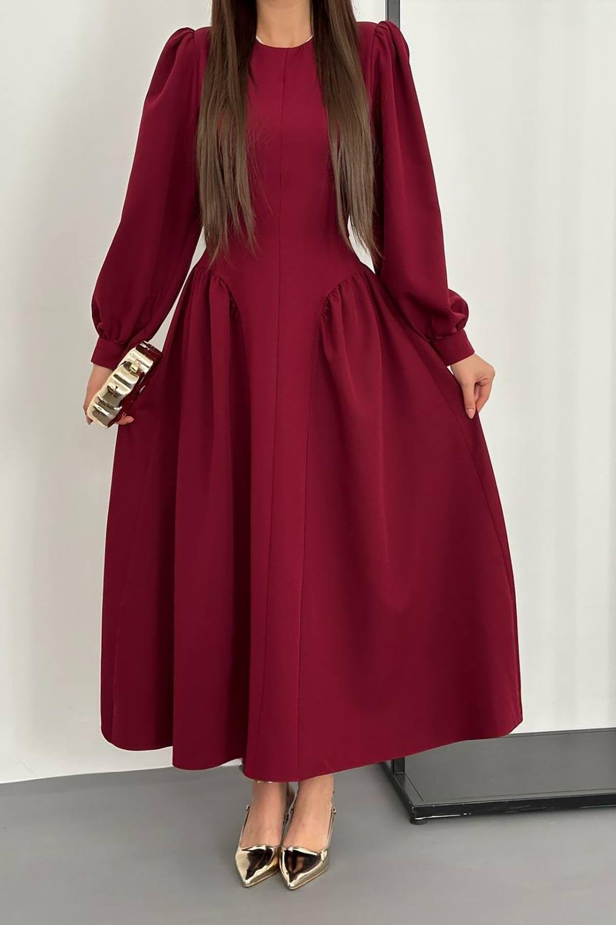 Toptan Bordo Yanları Büzgülü Uzun Kollu Elbise