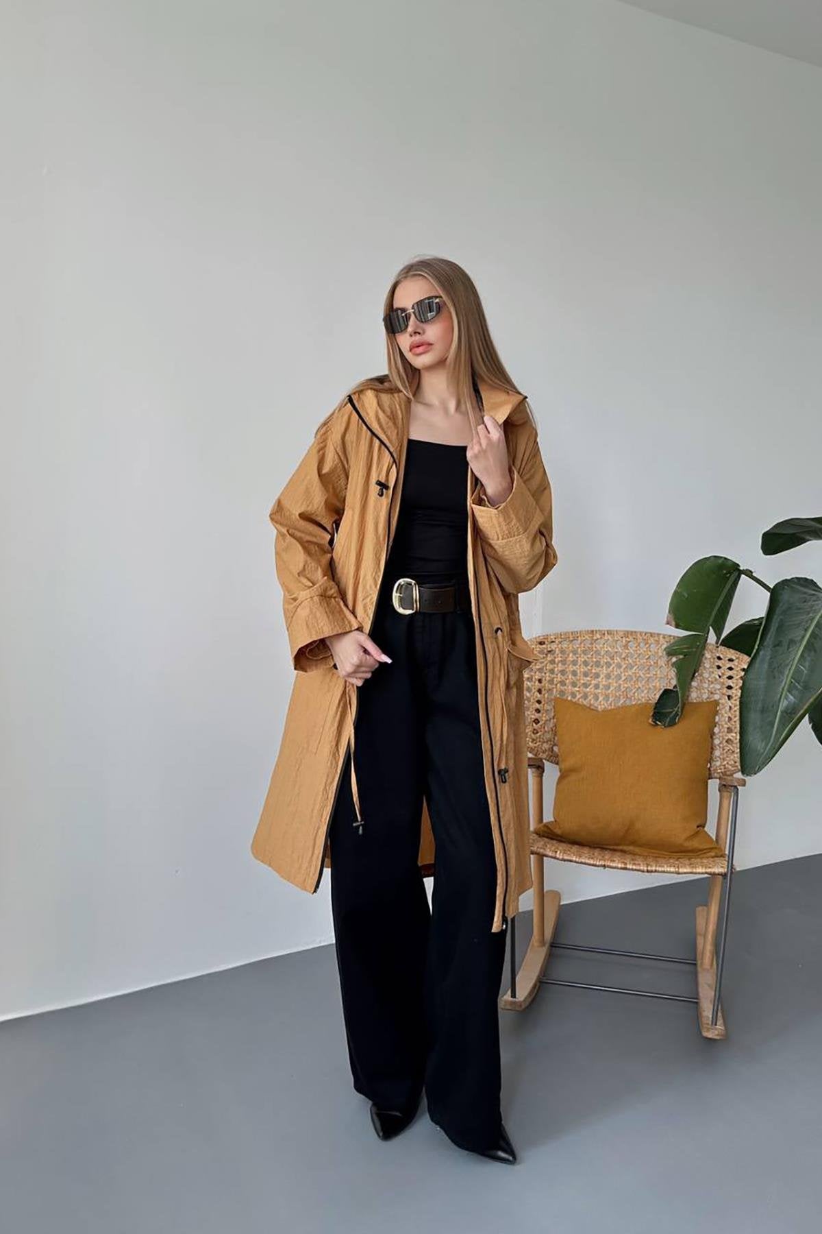 Toptan Camel Askı Detaylı Trençkot Camel STD