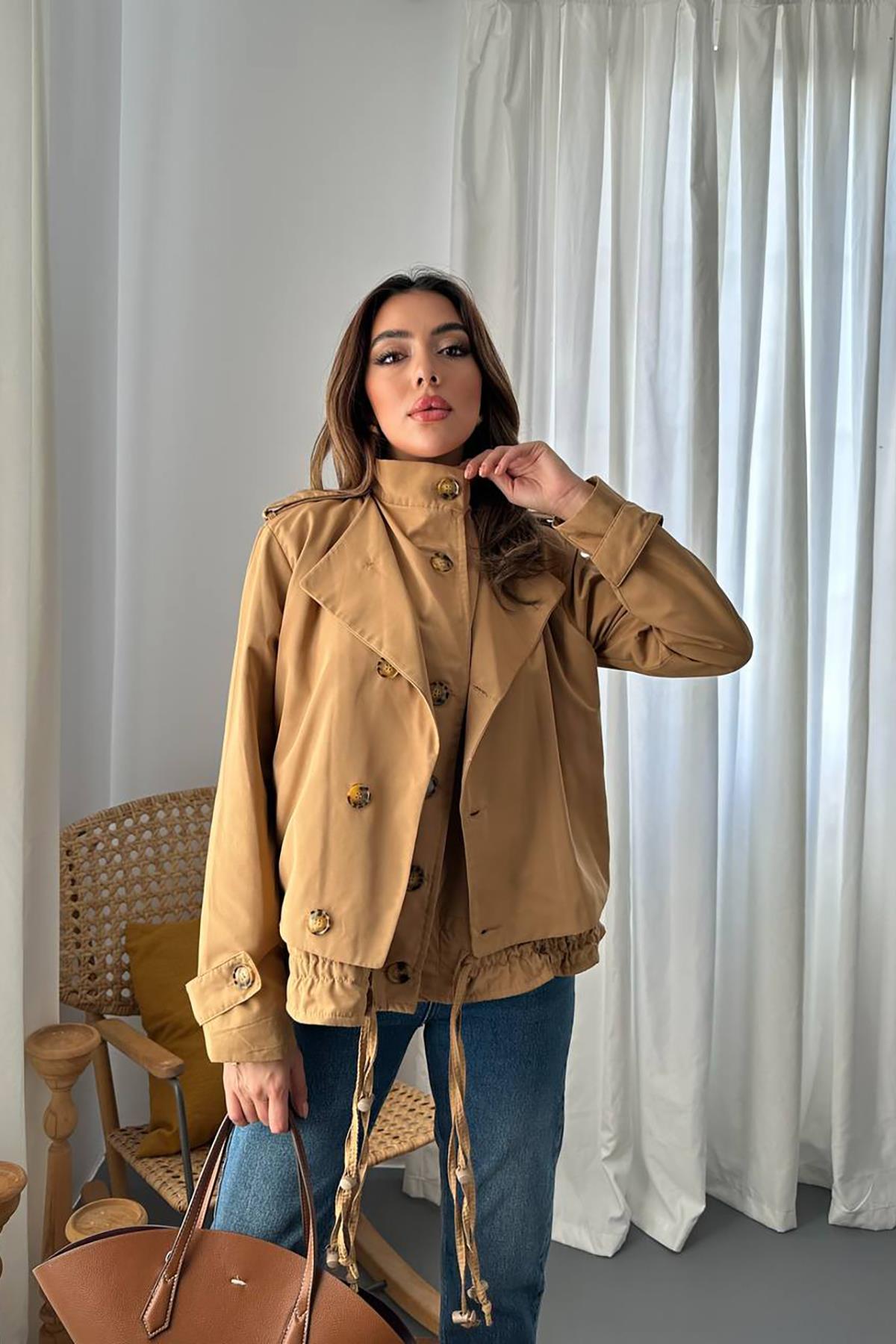 Toptan Camel Çift Katlı Kısa Ceket Camel L