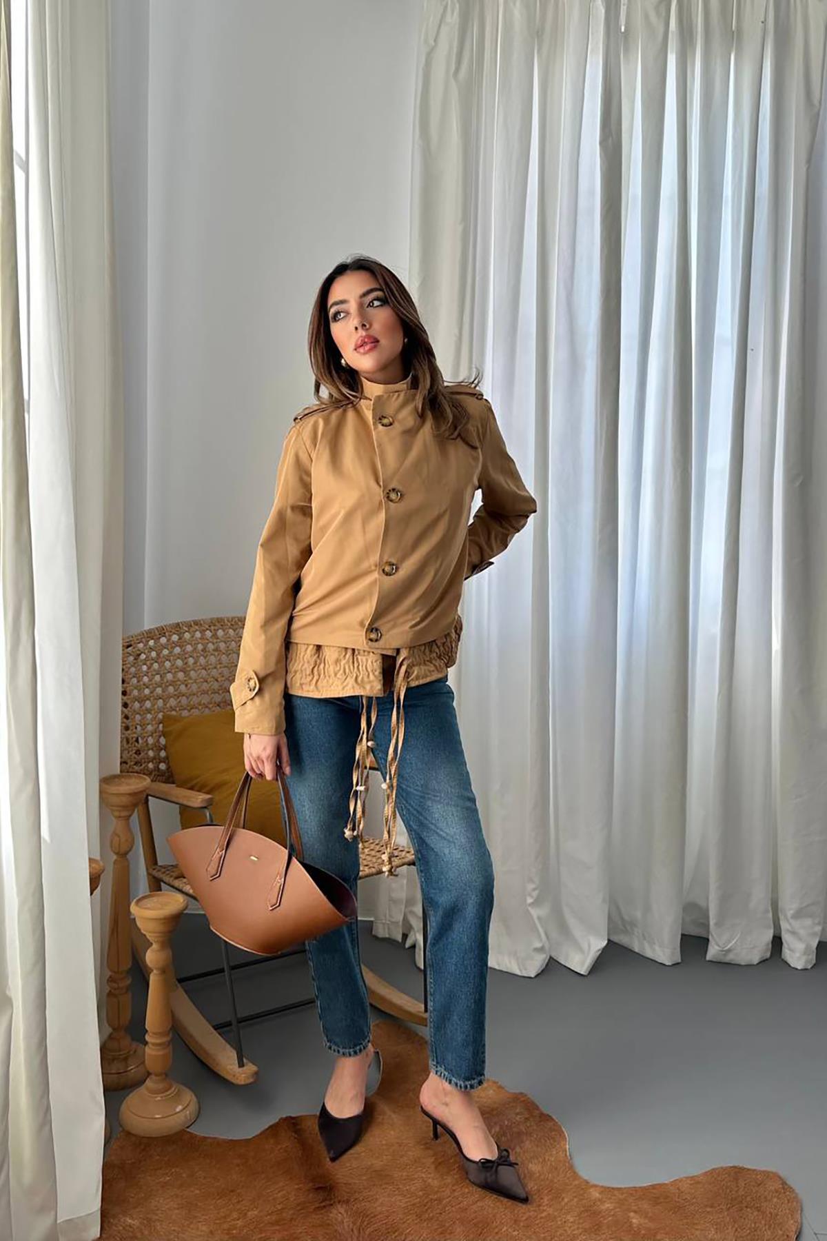 Toptan Camel Çift Katlı Kısa Ceket