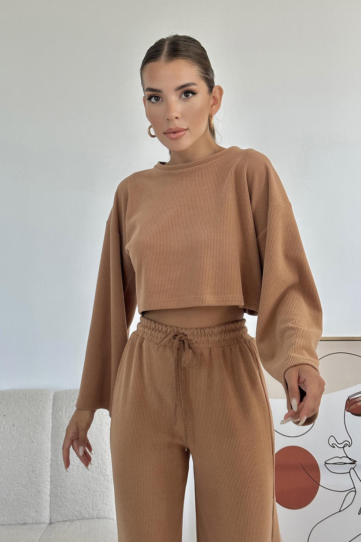 Toptan Camel Fitilli Bluz Ve Pantolon Takım