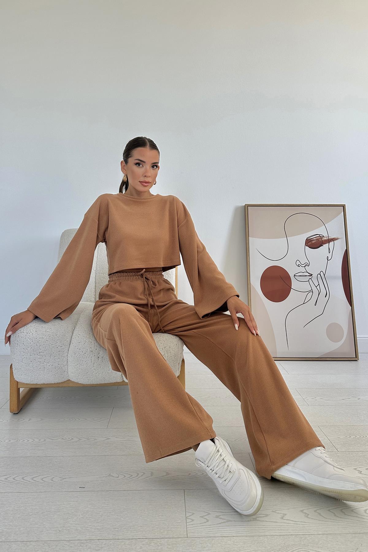 Toptan Camel Fitilli Bluz Ve Pantolon Takım