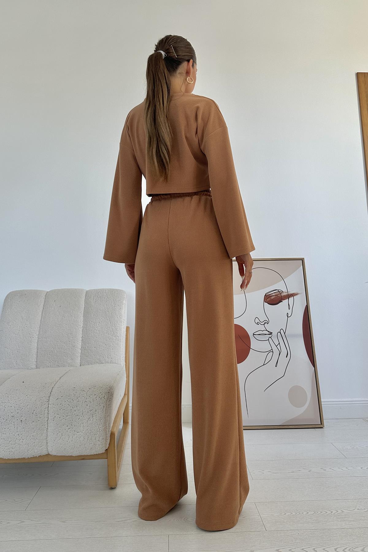 Toptan Camel Fitilli Bluz Ve Pantolon Takım