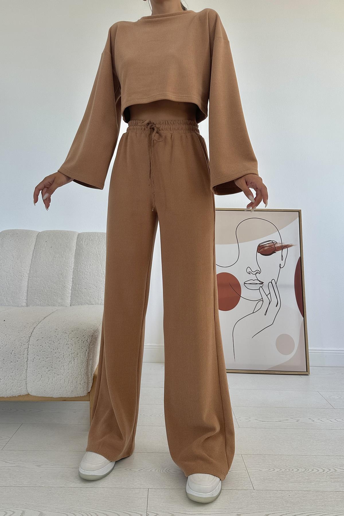 Toptan Camel Fitilli Bluz Ve Pantolon Takım