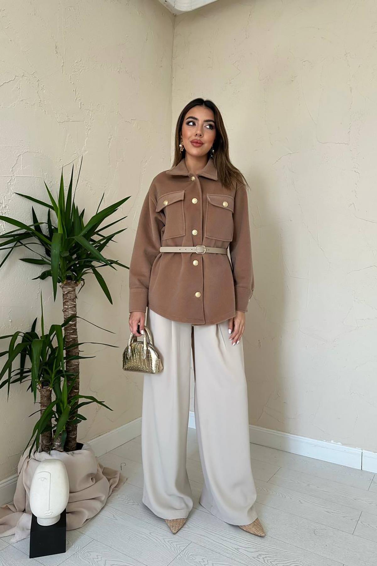 Toptan Camel Kaşe Gold Düğmeli Gömlek