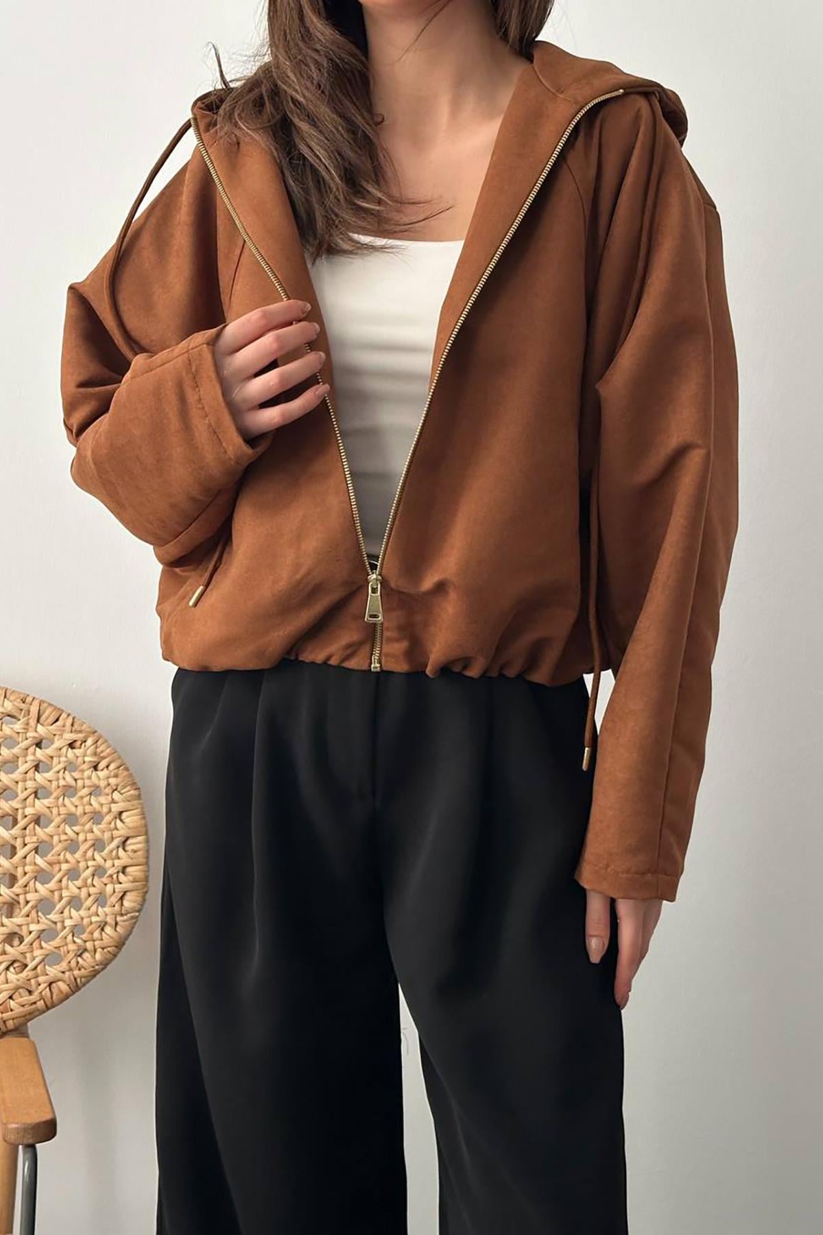 Camel Kısa Kapüşonlu Ceket