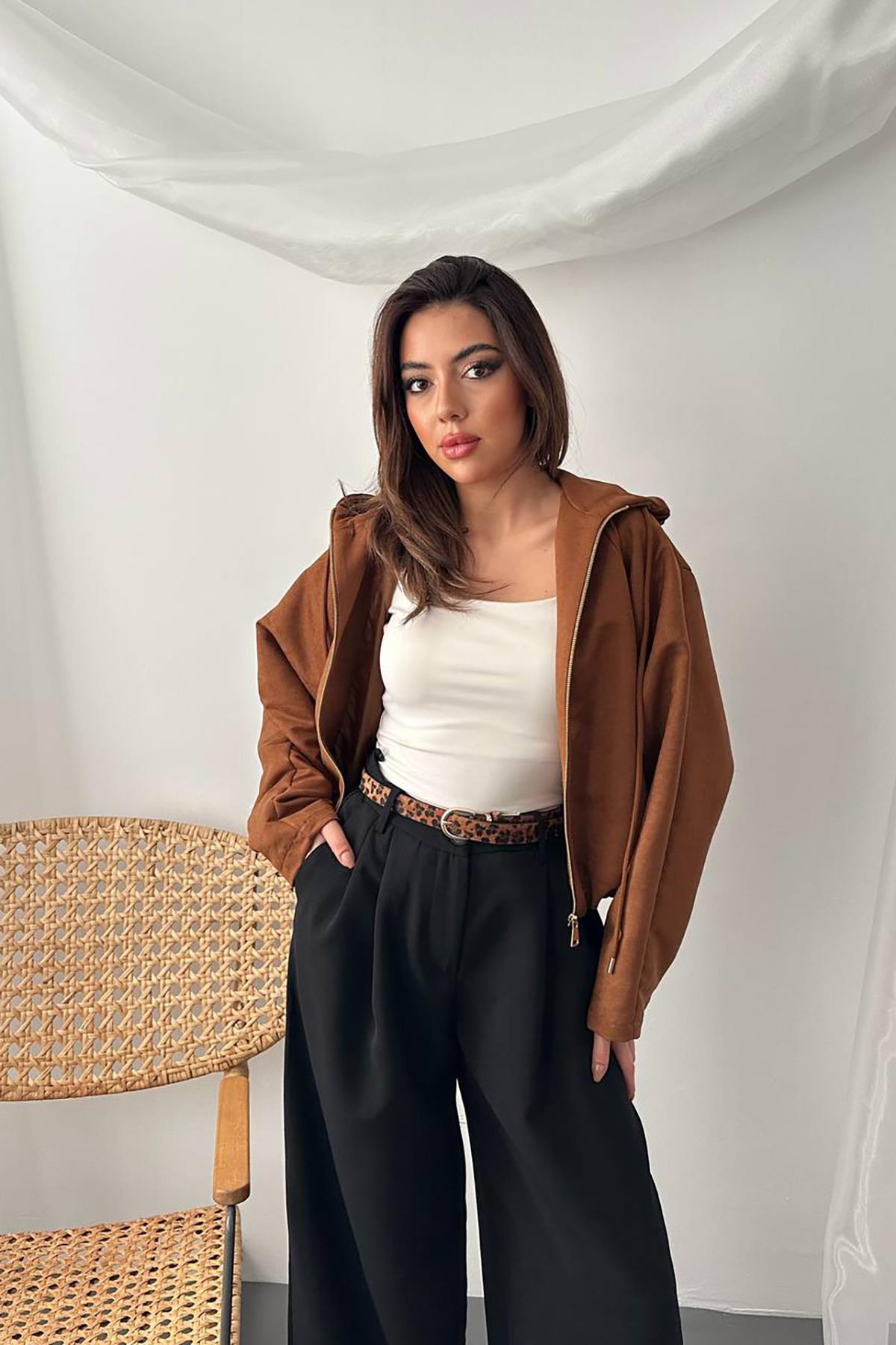 Toptan Camel Kısa Kapüşonlu Ceket Camel L