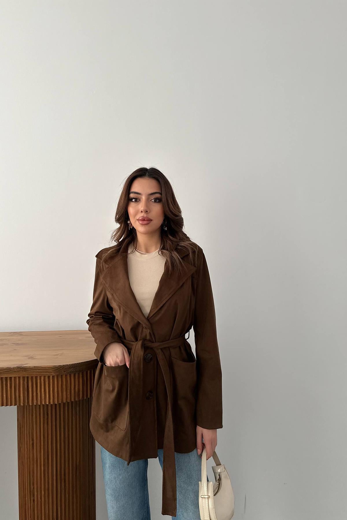 Camel Süet Bağlamalı Ceket