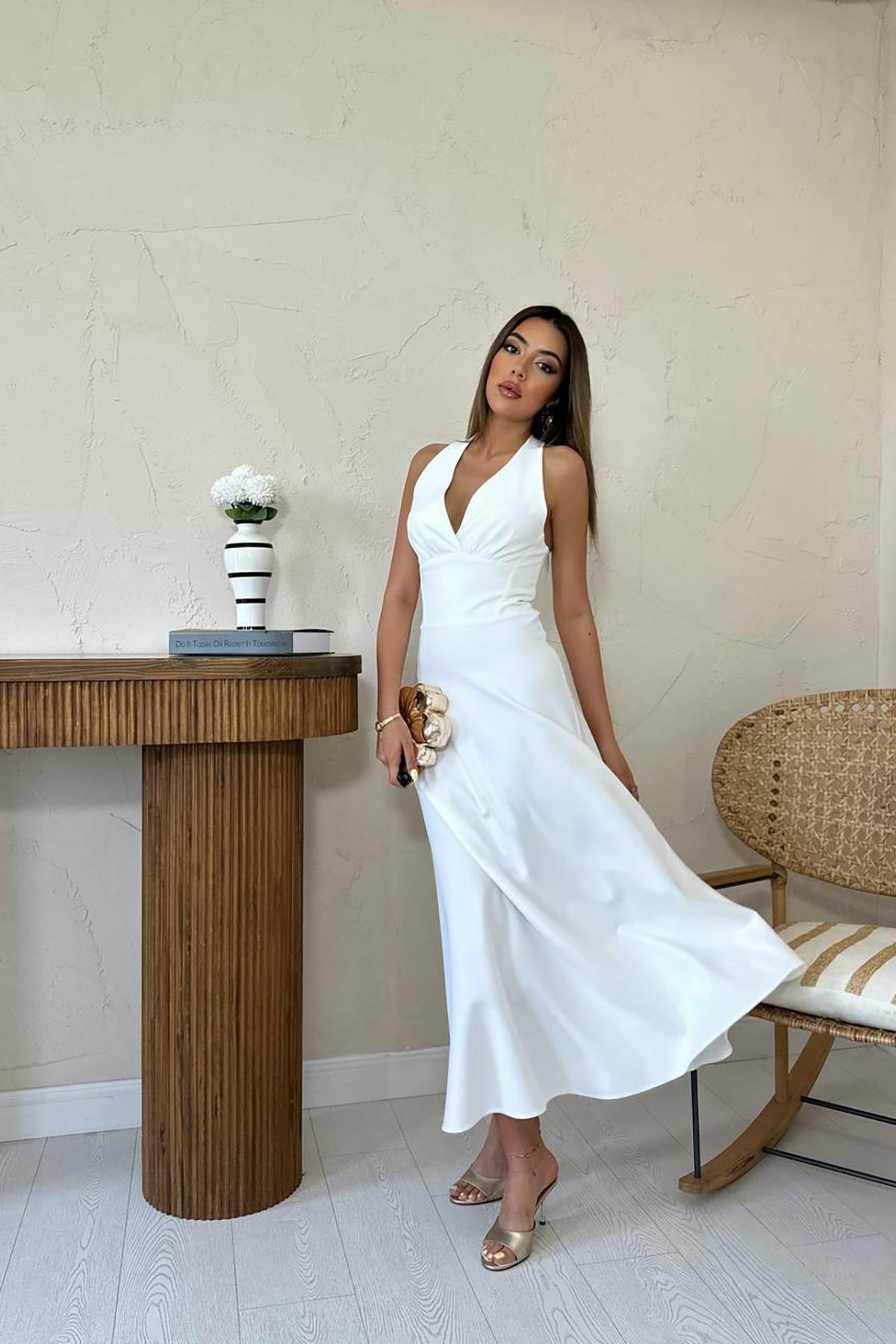 Toptan Ekru Atlas Göğüs Kuplu Elbise