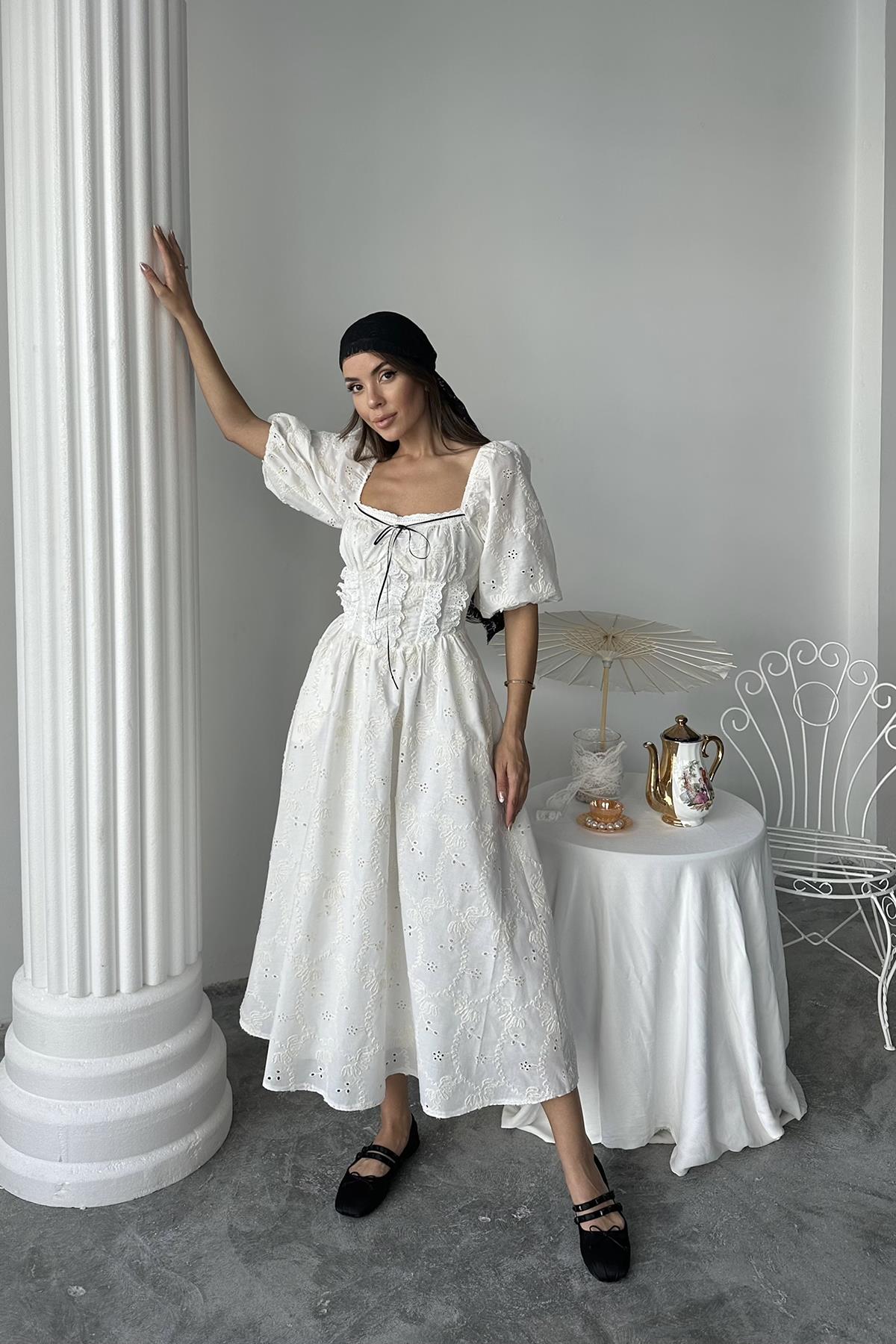 Toptan Ekru Dantel Detaylı Brode Elbise Ekru L