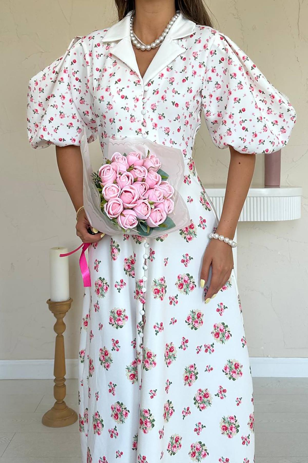 Toptan Ekru Dijital Baskılı Elbise