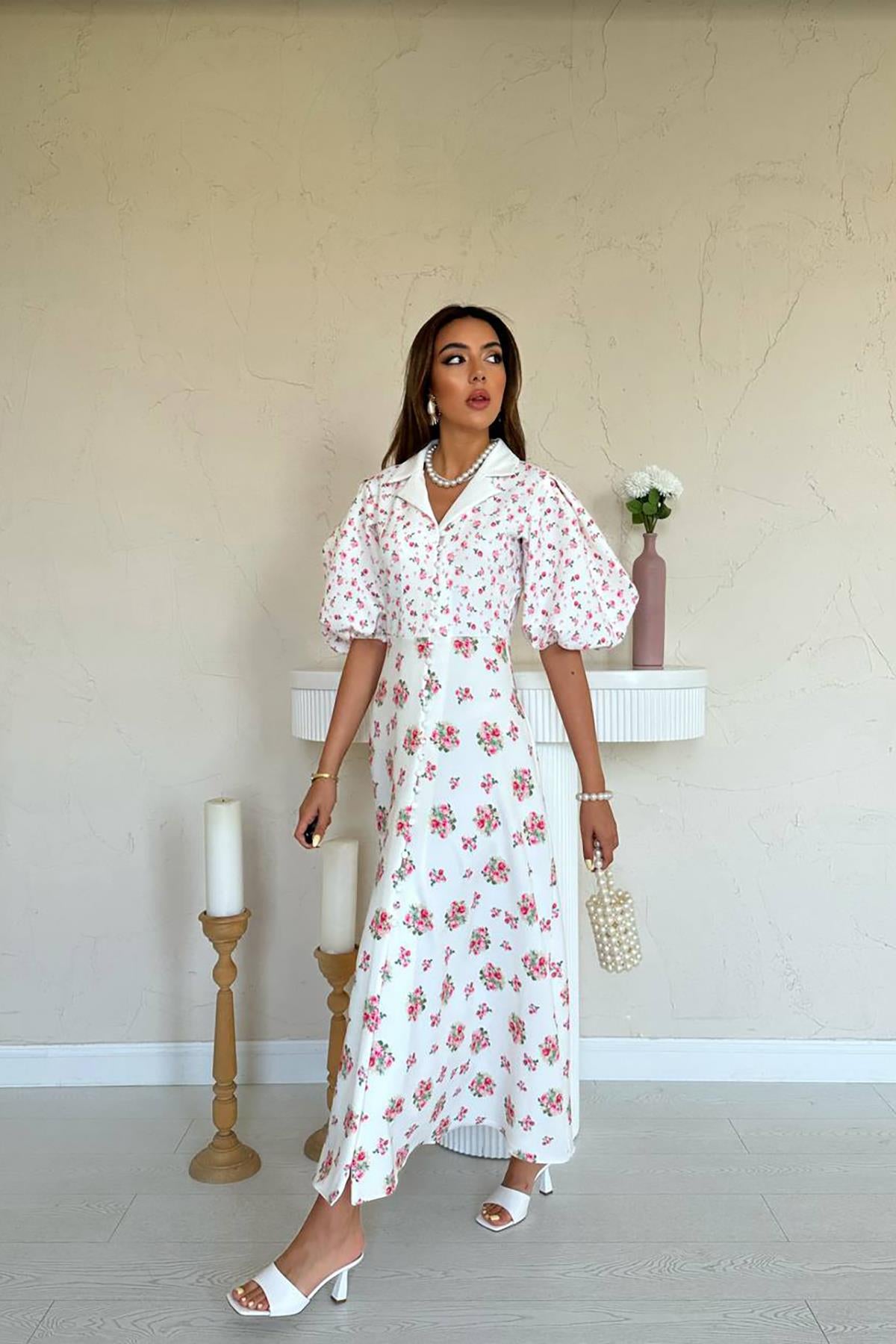 Toptan Ekru Dijital Baskılı Elbise