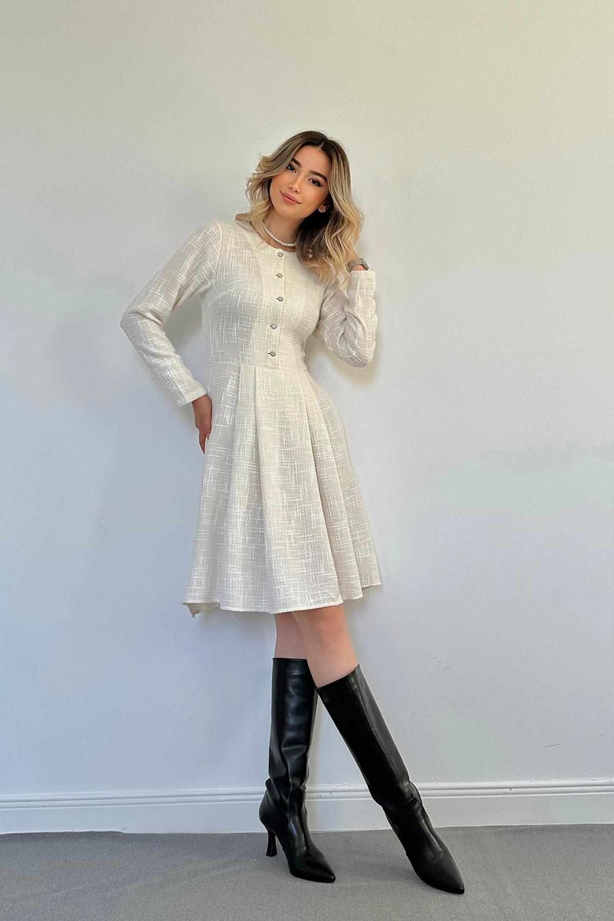 Toptan Ekru Kısa Klasik Elbise Ekru L