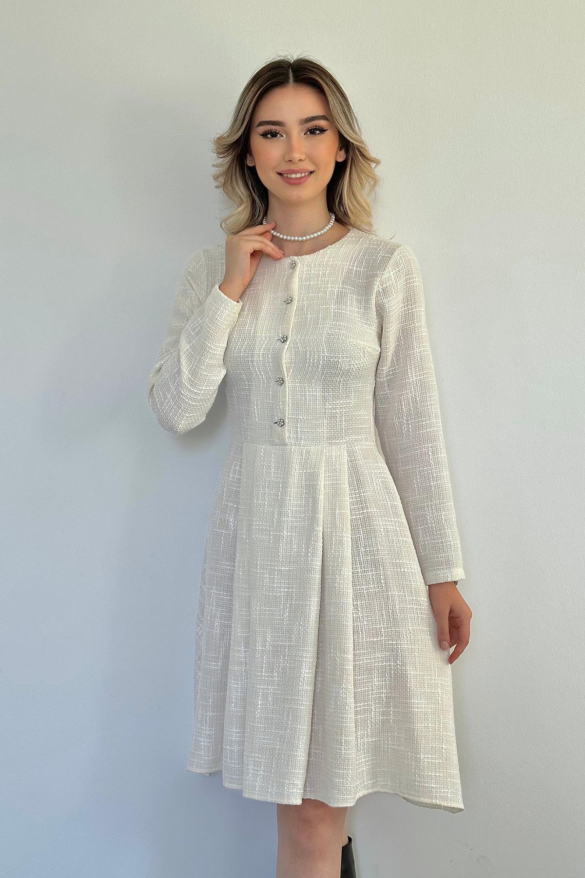 Toptan Ekru Kısa Klasik Elbise