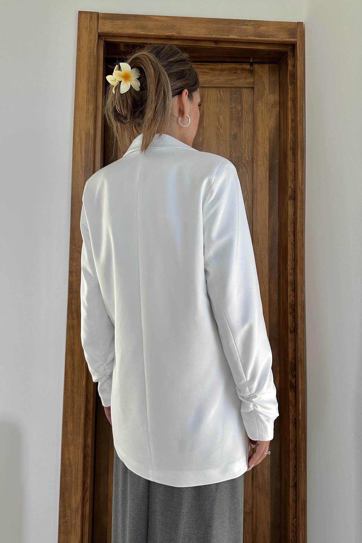 Toptan Ekru Kol Ucu Büzgülü Atlas Ceket