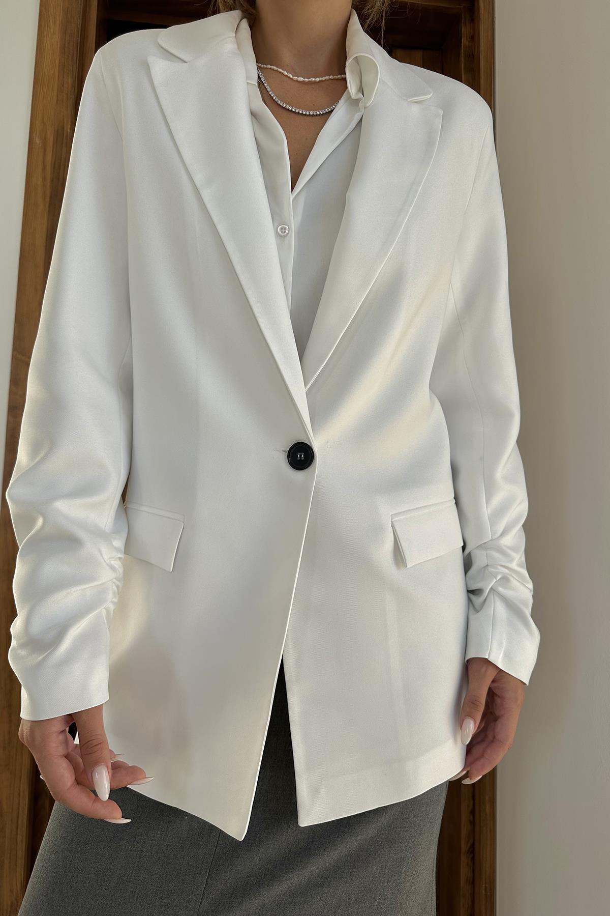 Toptan Ekru Kol Ucu Büzgülü Atlas Ceket