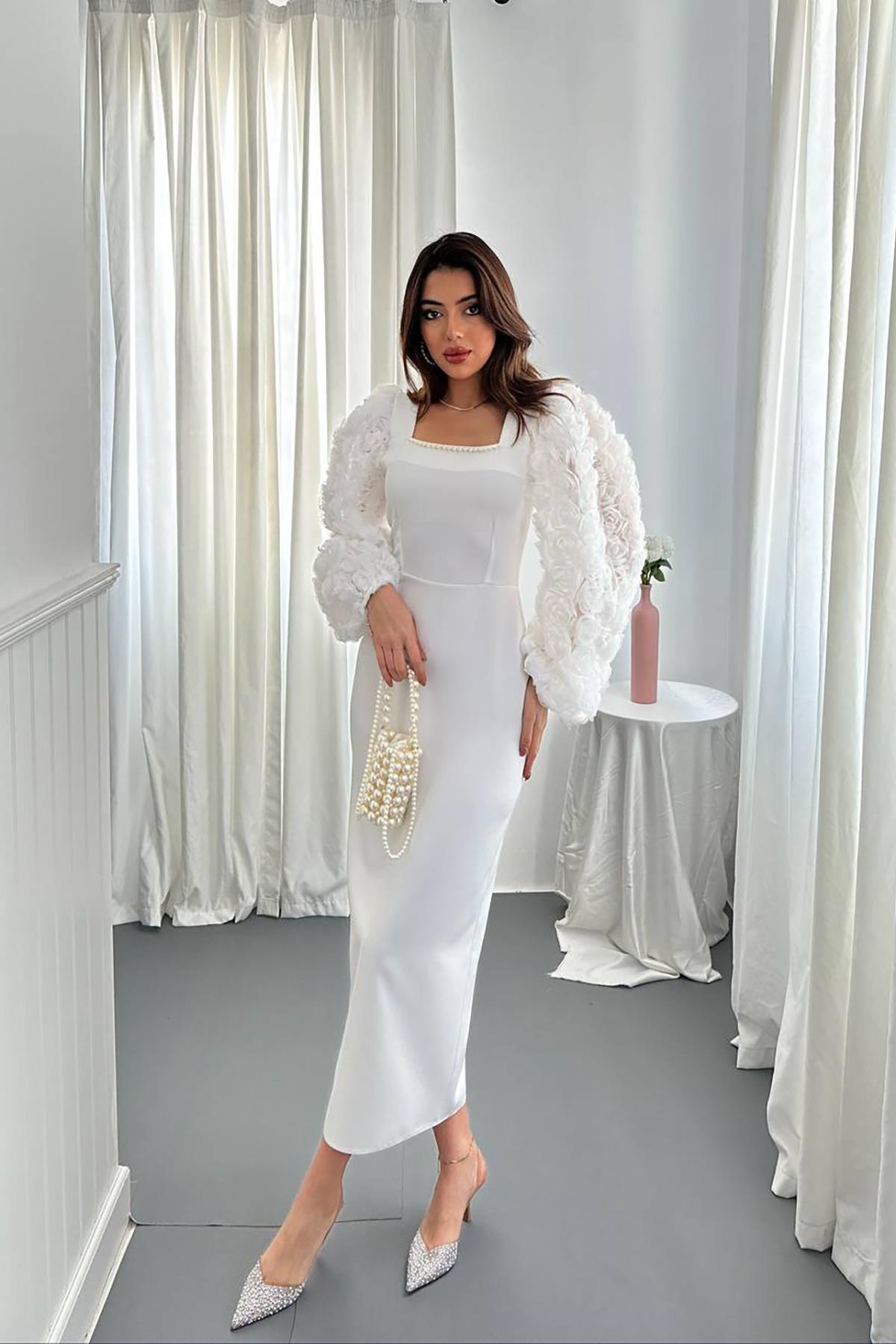 Toptan Ekru Kolları Çiçekli Atlas Elbise Ekru L