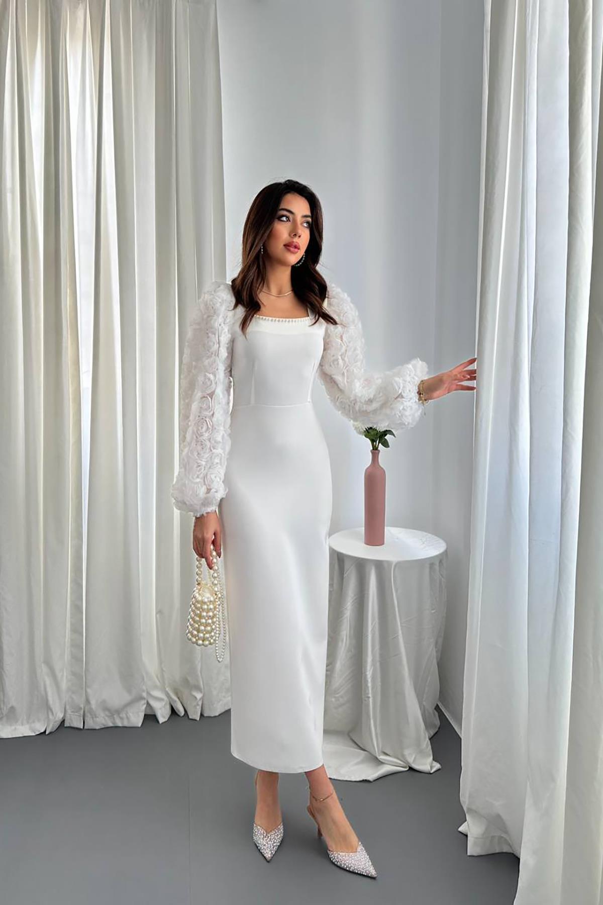 Toptan Ekru Kolları Çiçekli Atlas Elbise