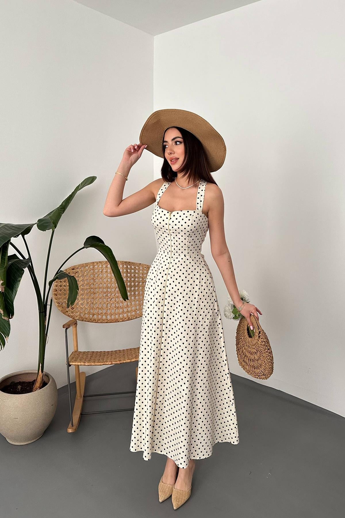 Toptan Ekru Puantiyeli Elbise Ekru L