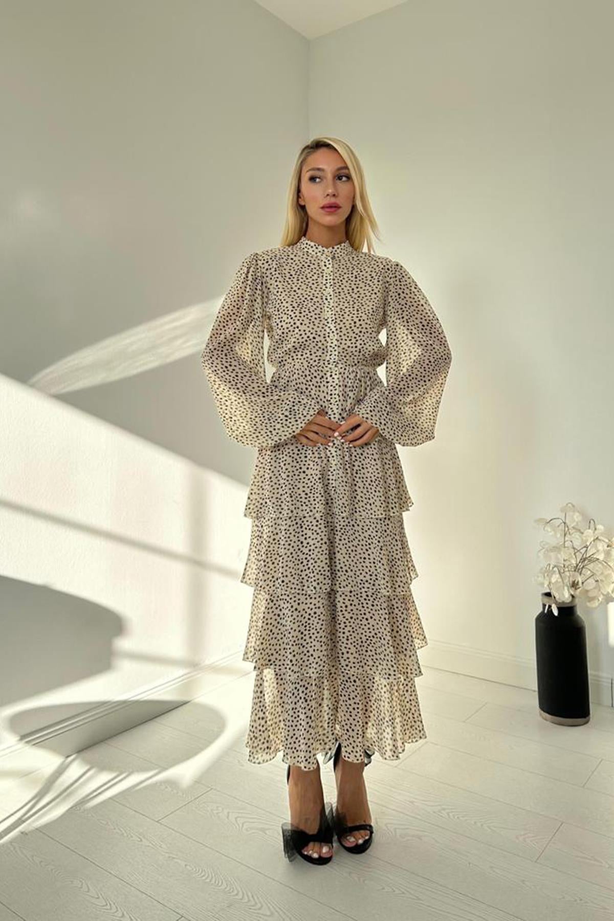 Toptan Ekru Puantiyeli Şifon Kat Elbise Ekru L