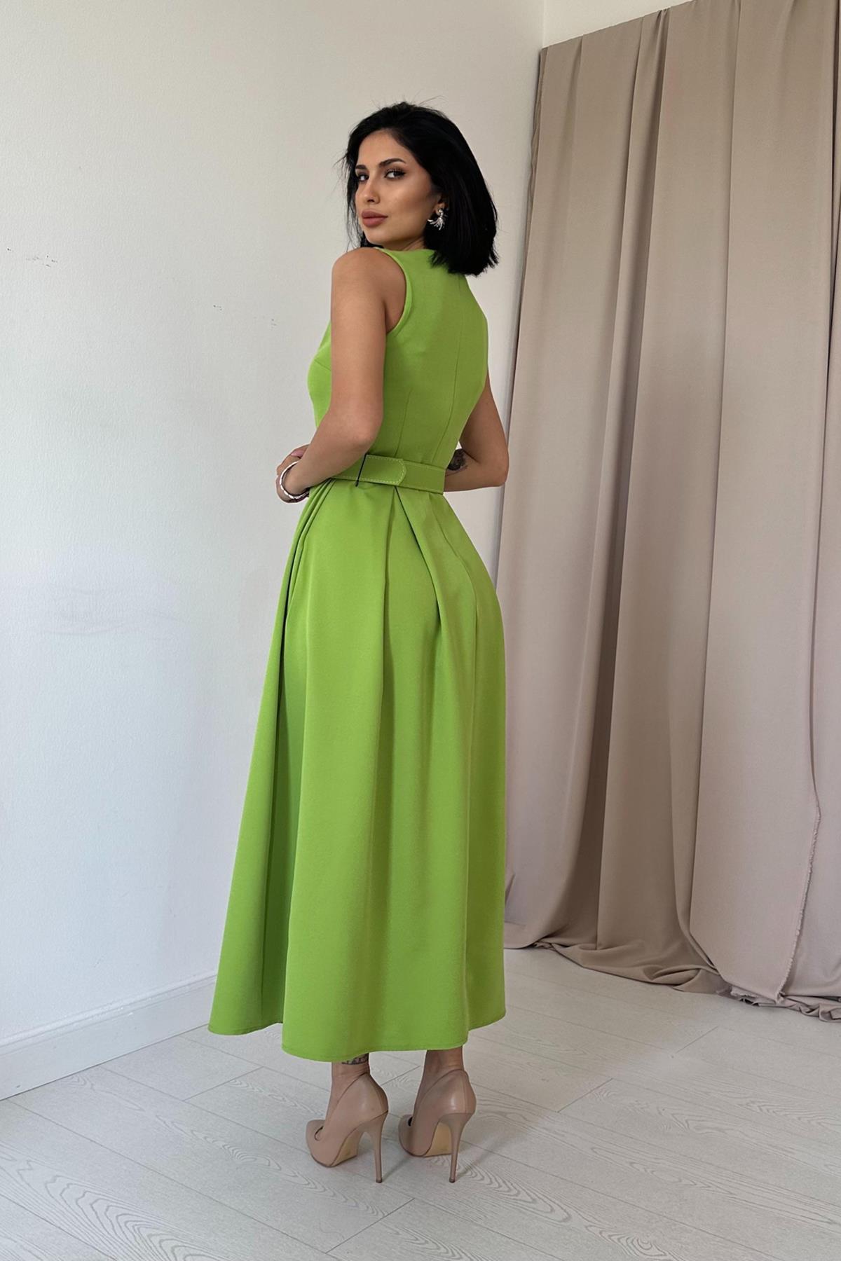 Toptan Fıstık Yeşili Halter Yaka Kloş Elbise