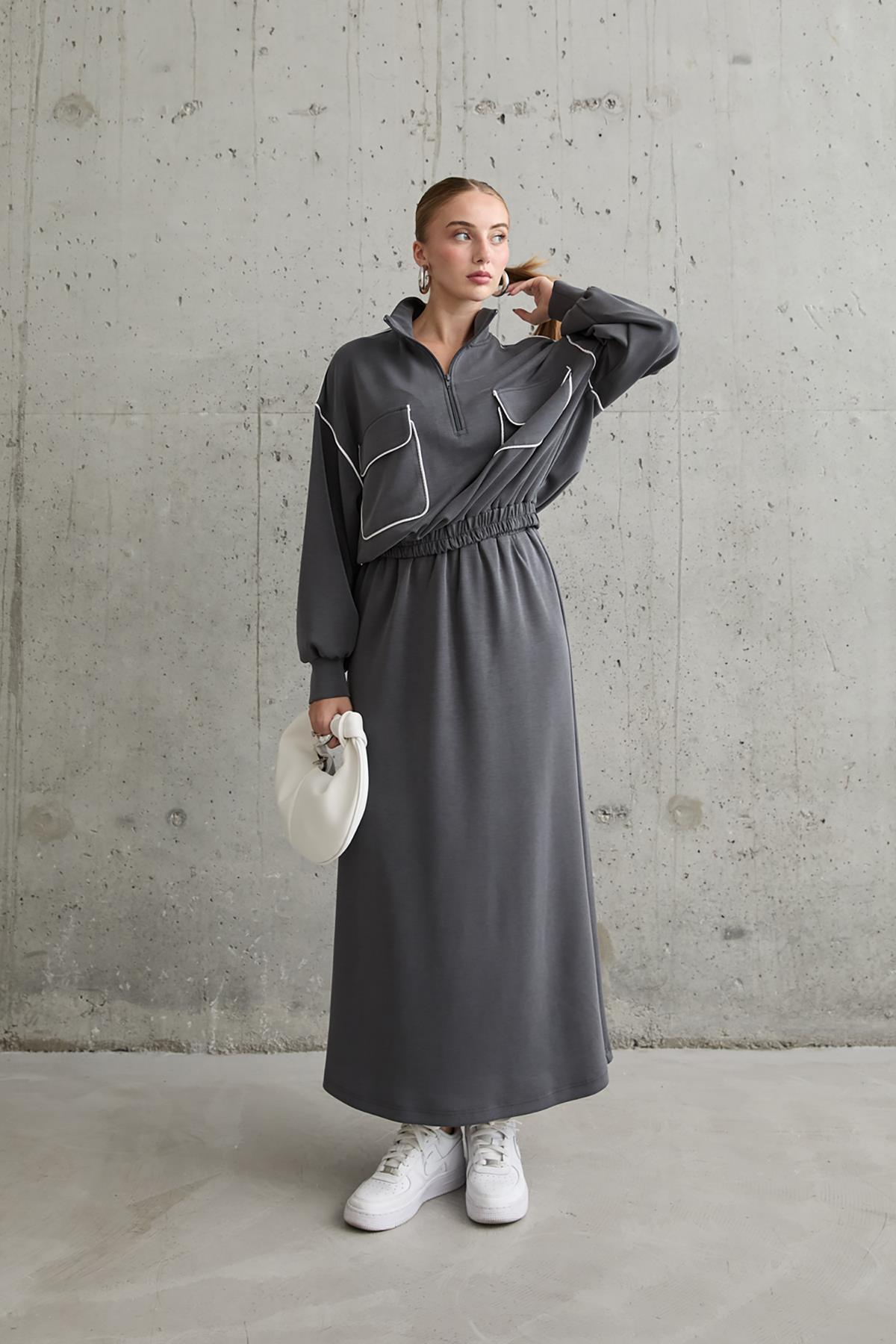 Toptan Füme Biyeli Sweatshirt Ve Etek Takım Füme L