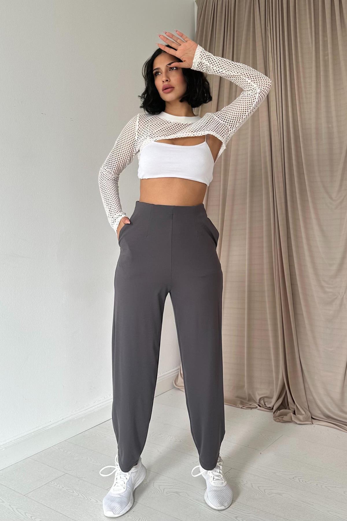 Toptan Füme Pensli Lastik Detaylı Pantolon Füme L