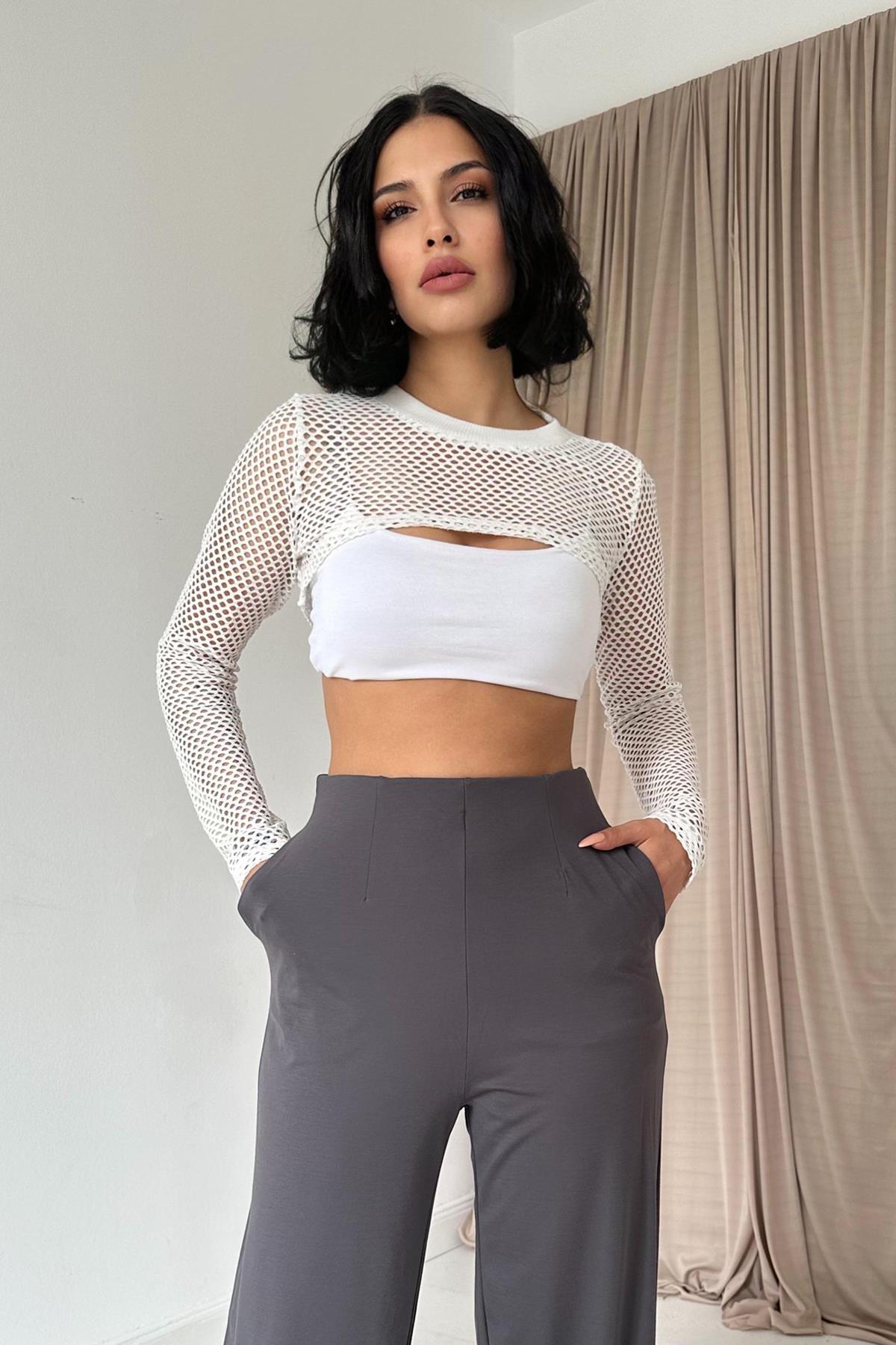 Toptan Füme Pensli Lastik Detaylı Pantolon