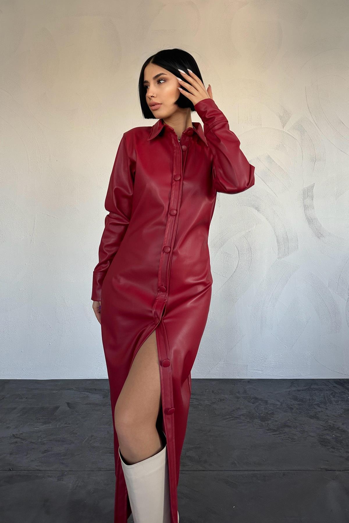 Toptan Fuşya Boydan Düğmeli Deri Elbise Fuşya L