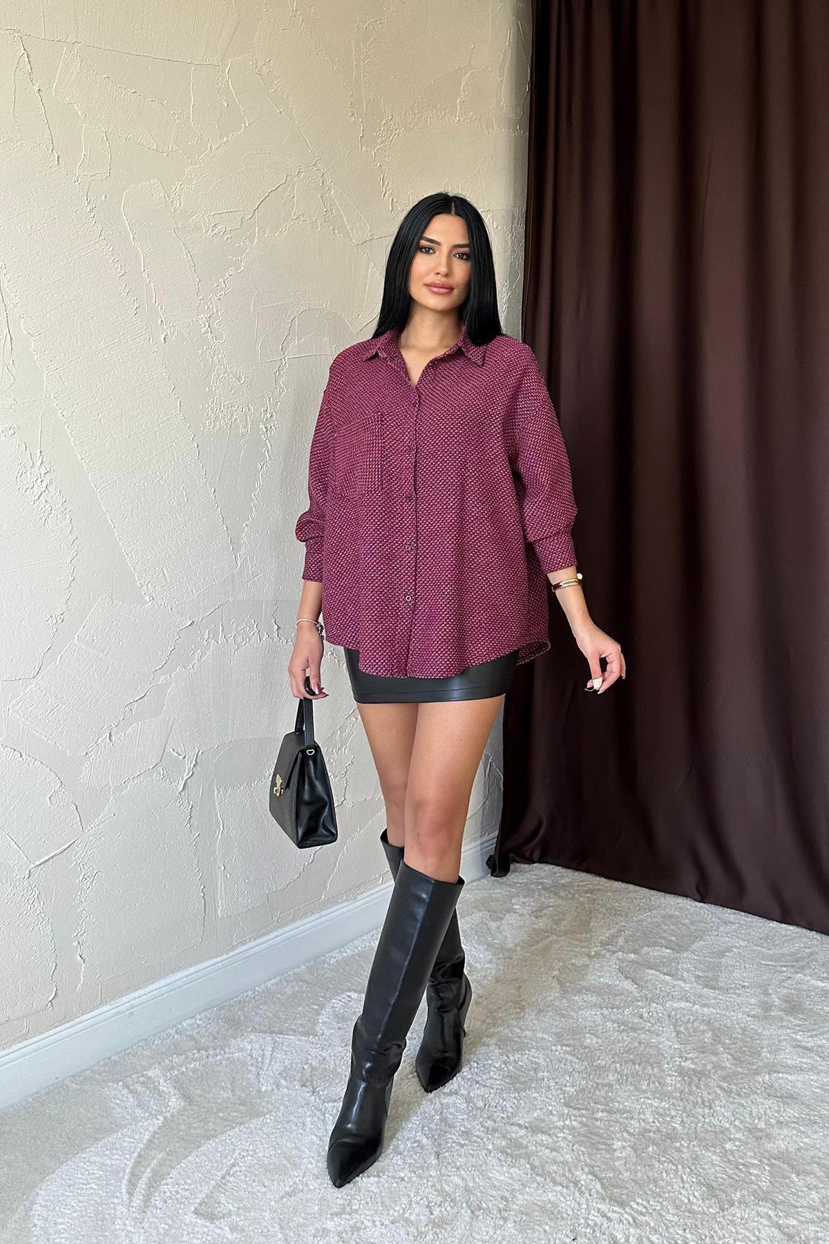 Toptan Fuşya Işıltılı Gömlek Fuşya L