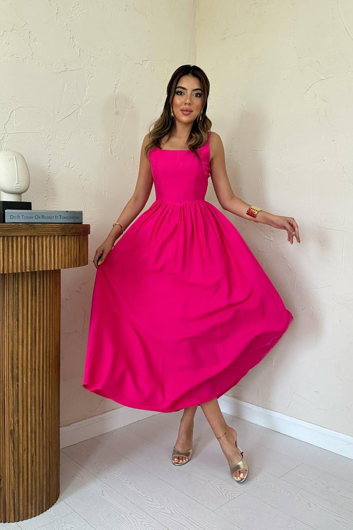 Toptan Fuşya Kalın Keten Elbise Fuşya L