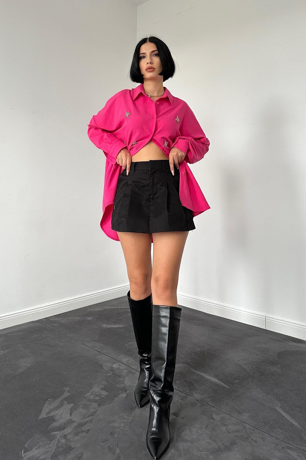 Toptan Fuşya Klasik Kalıp El İşlemeli Gömlek