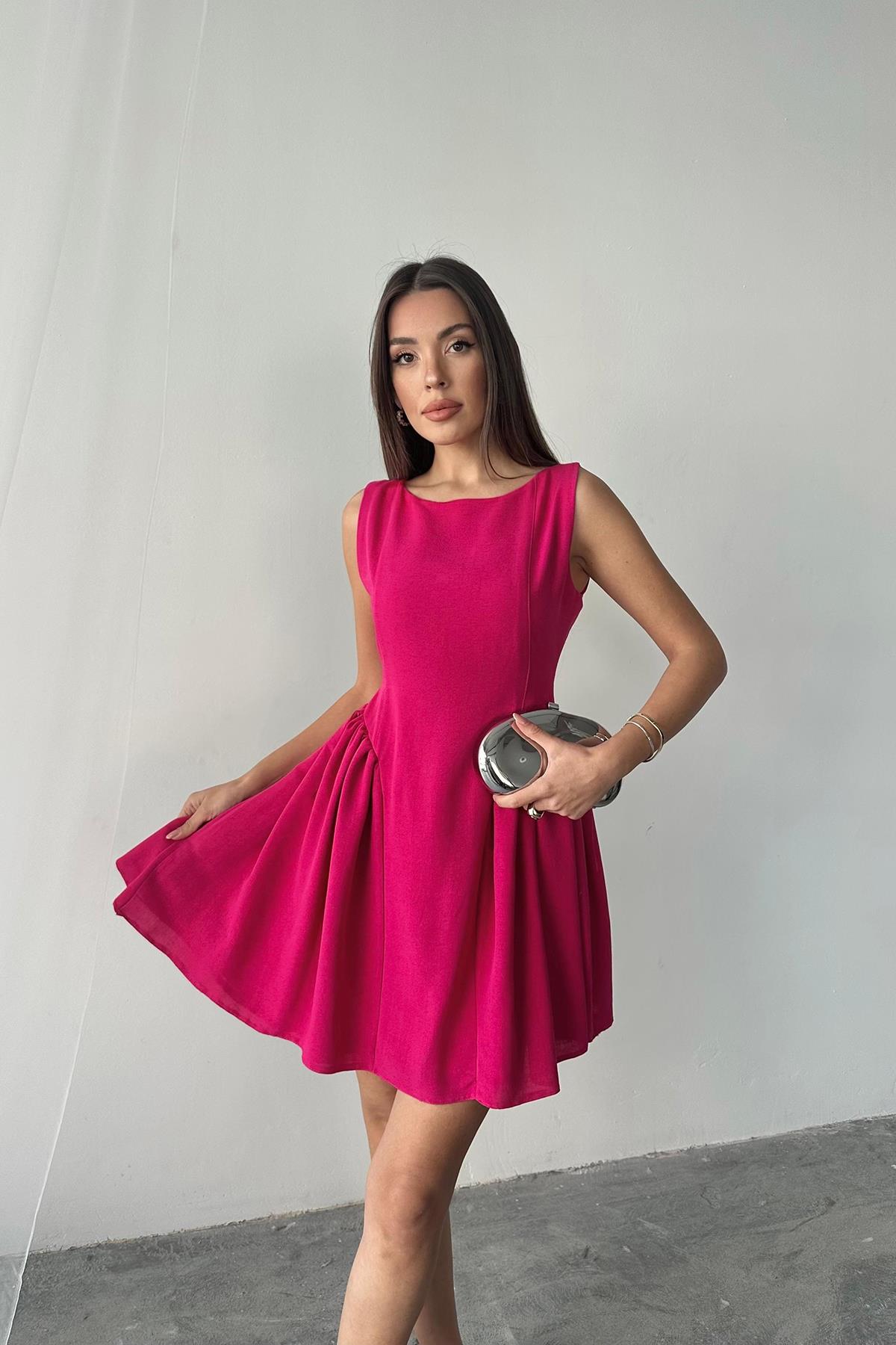 Toptan Fuşya Mini Boy Büzgülü Keten Elbise