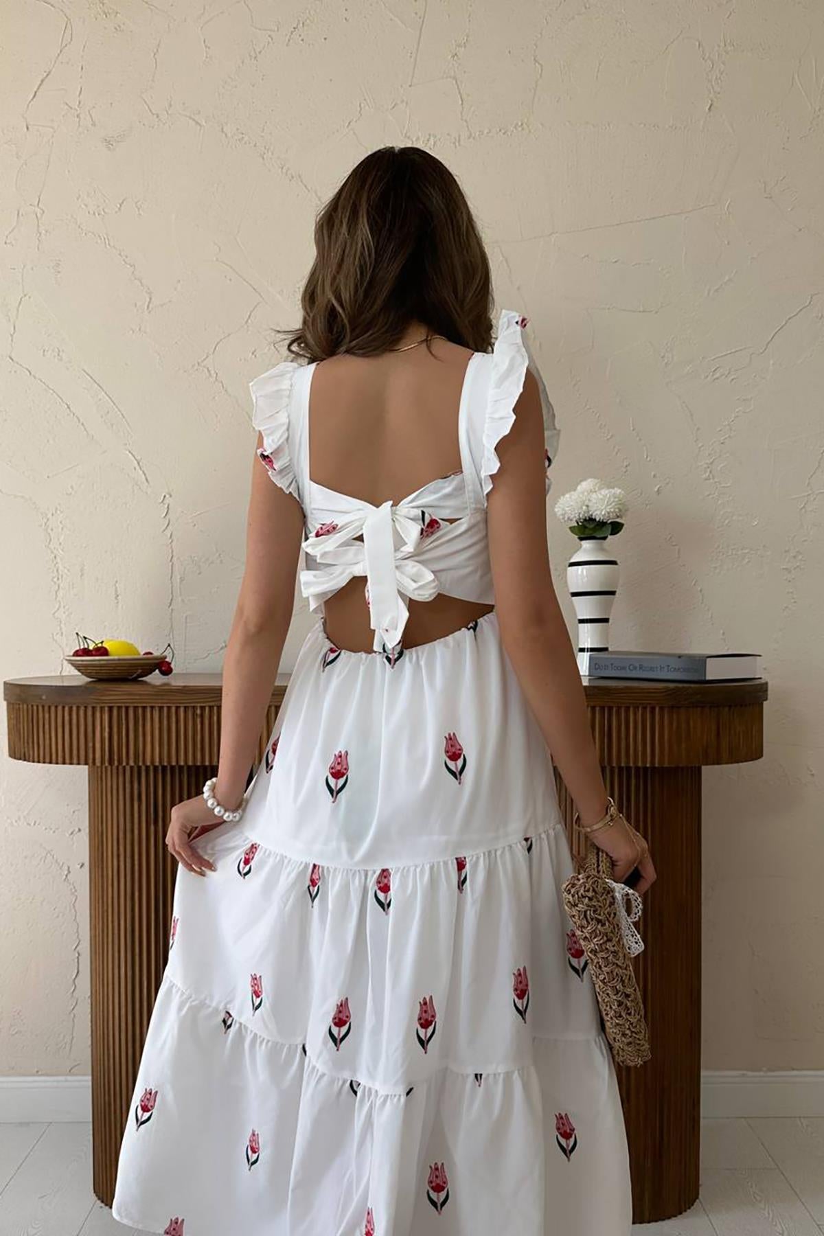 Toptan Fuşya Sıfır Kol Fırfırlı Elbise