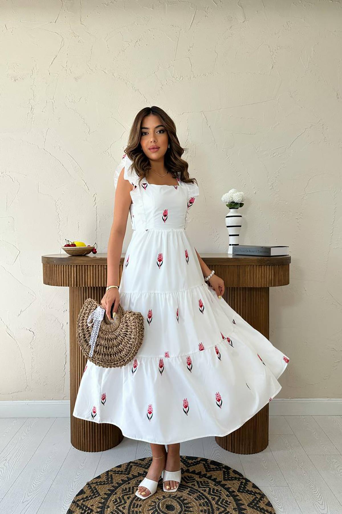 Toptan Fuşya Sıfır Kol Fırfırlı Elbise