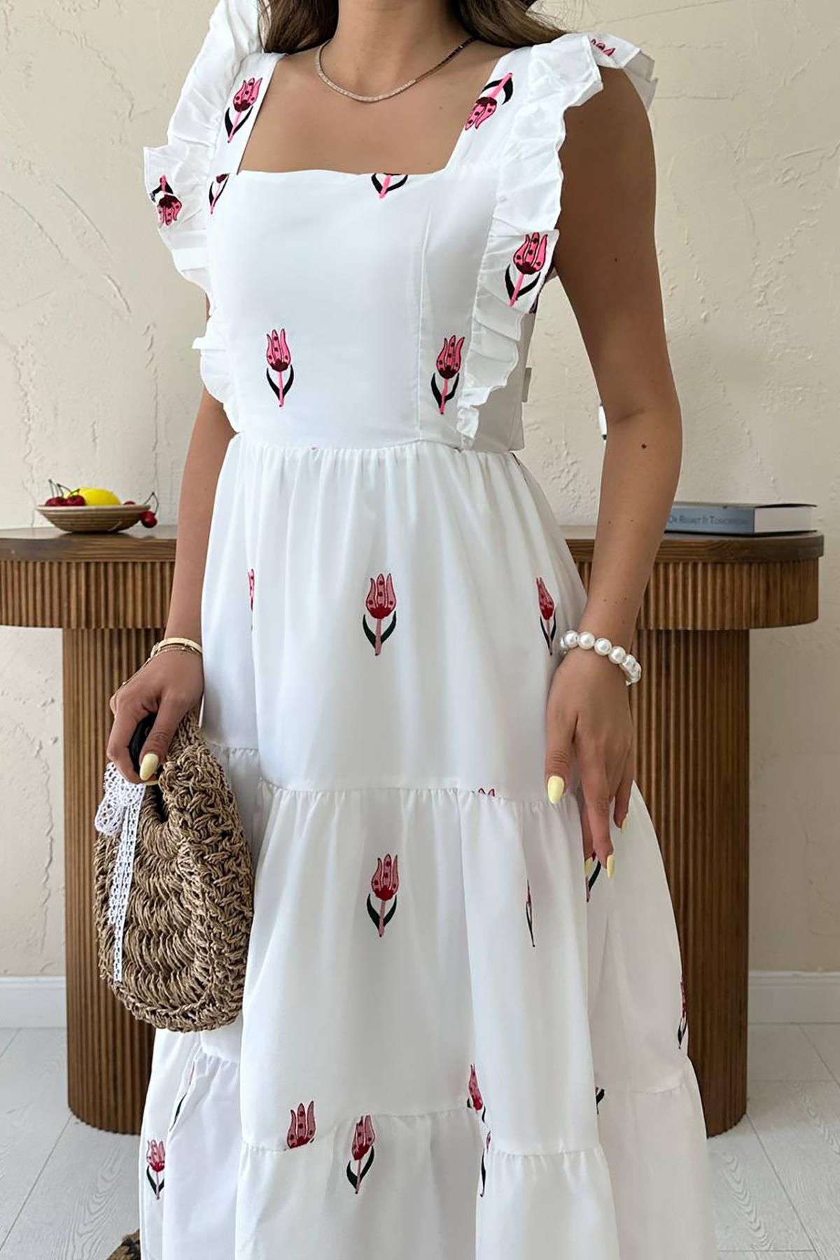 Toptan Fuşya Sıfır Kol Fırfırlı Elbise