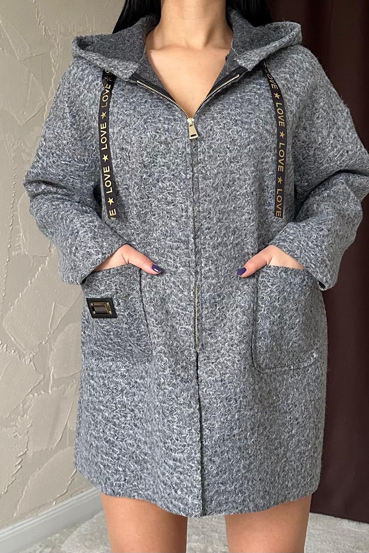 Toptan Gri Armalı Kapşonlu Peluş Ceket