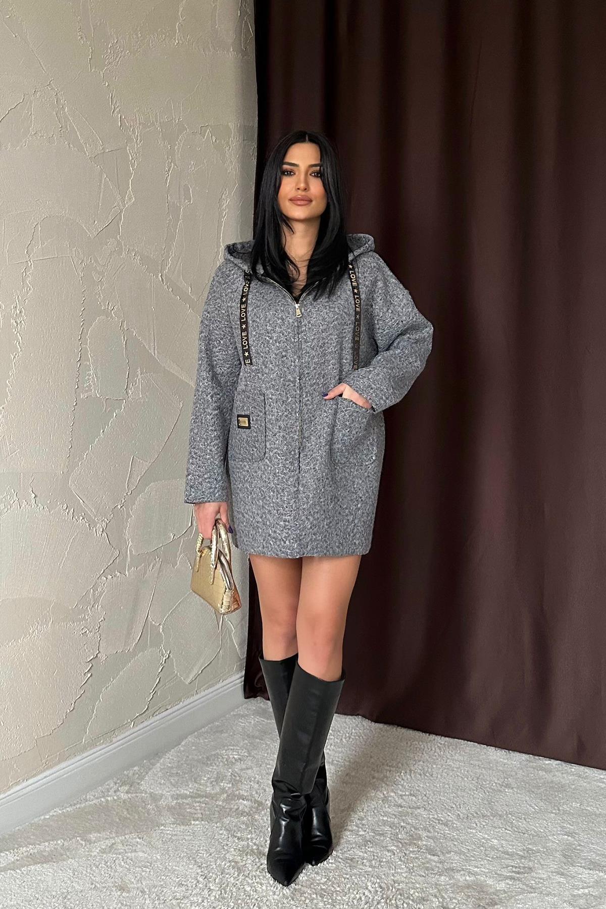 Toptan Gri Armalı Kapşonlu Peluş Ceket