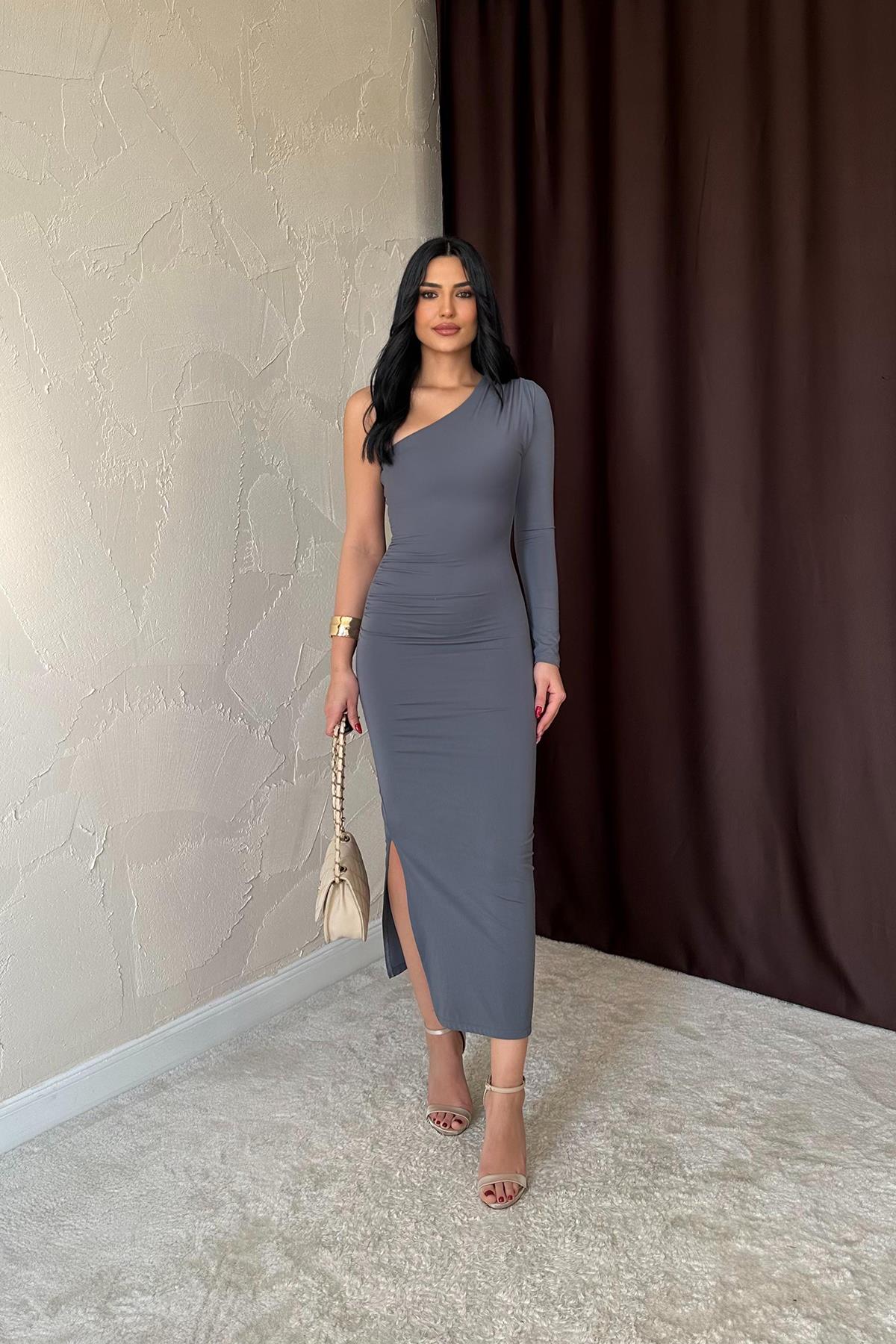 Toptan Gri Büzgü Detaylı Tek Omuz Elbise Gri L