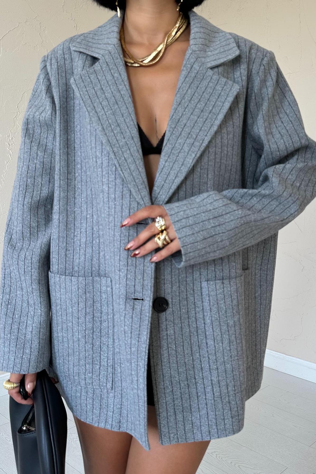 Toptan Gri Çizgili Oversize Ceket