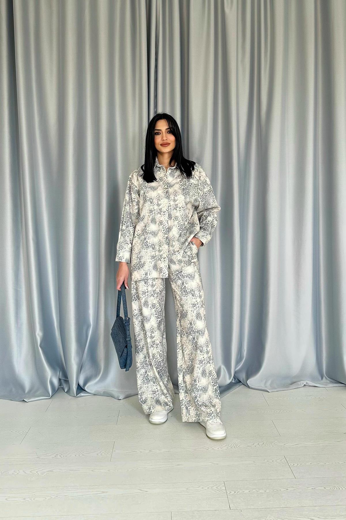 Toptan Gri Leopar Desenli Ceket Ve Pantolon Keten Takım Gri L