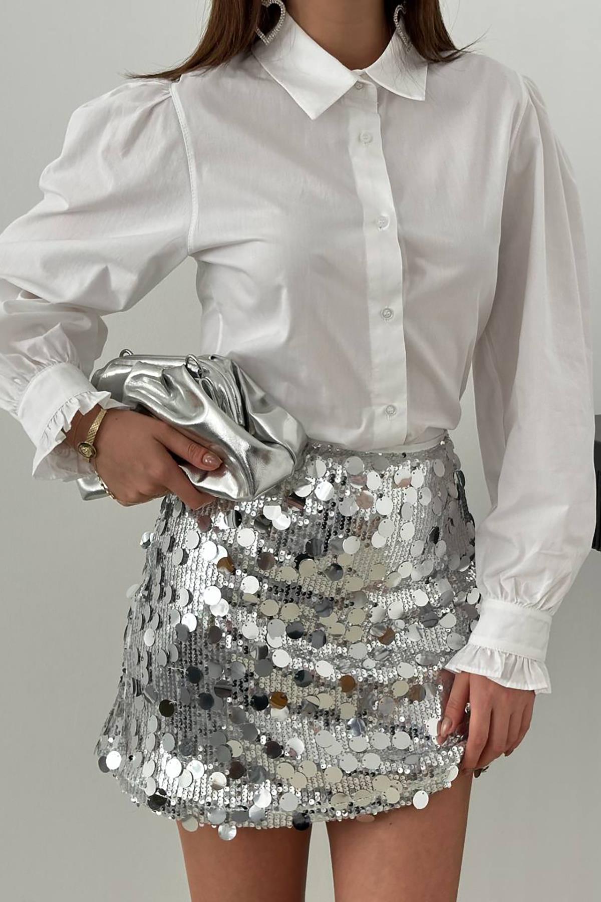 Toptan Gümüş Pullu Kısa Etek