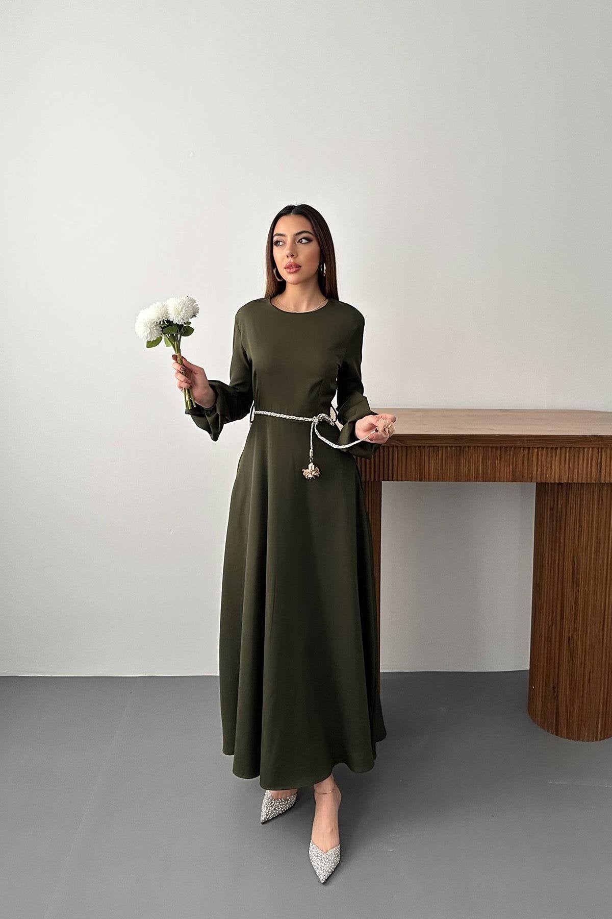 Toptan Haki Balon Kollu Kuşaklı Elbise Haki L