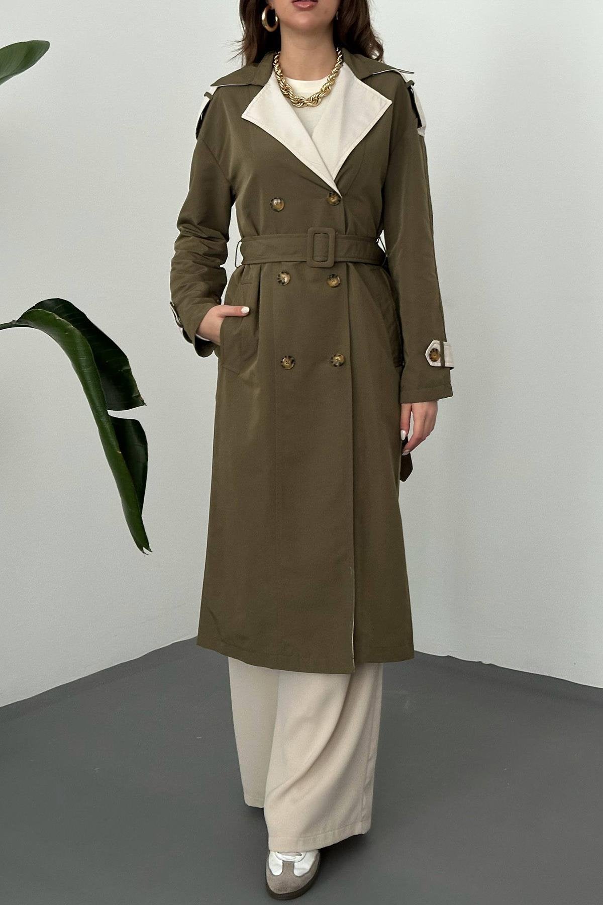 Toptan Haki Bej Arkası Çizgili Ve Kemerli Trençkot