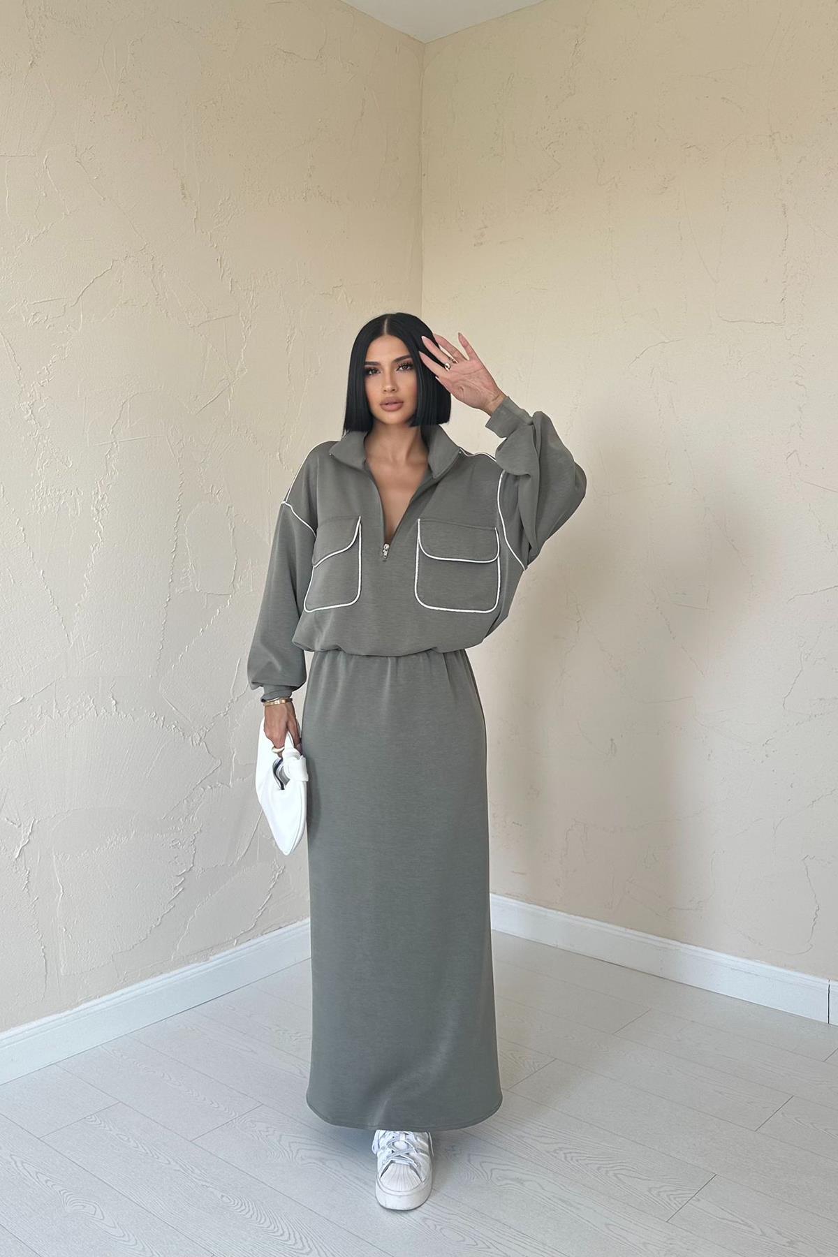 Toptan Haki Biyeli Sweatshirt Ve Etek Takım Haki L
