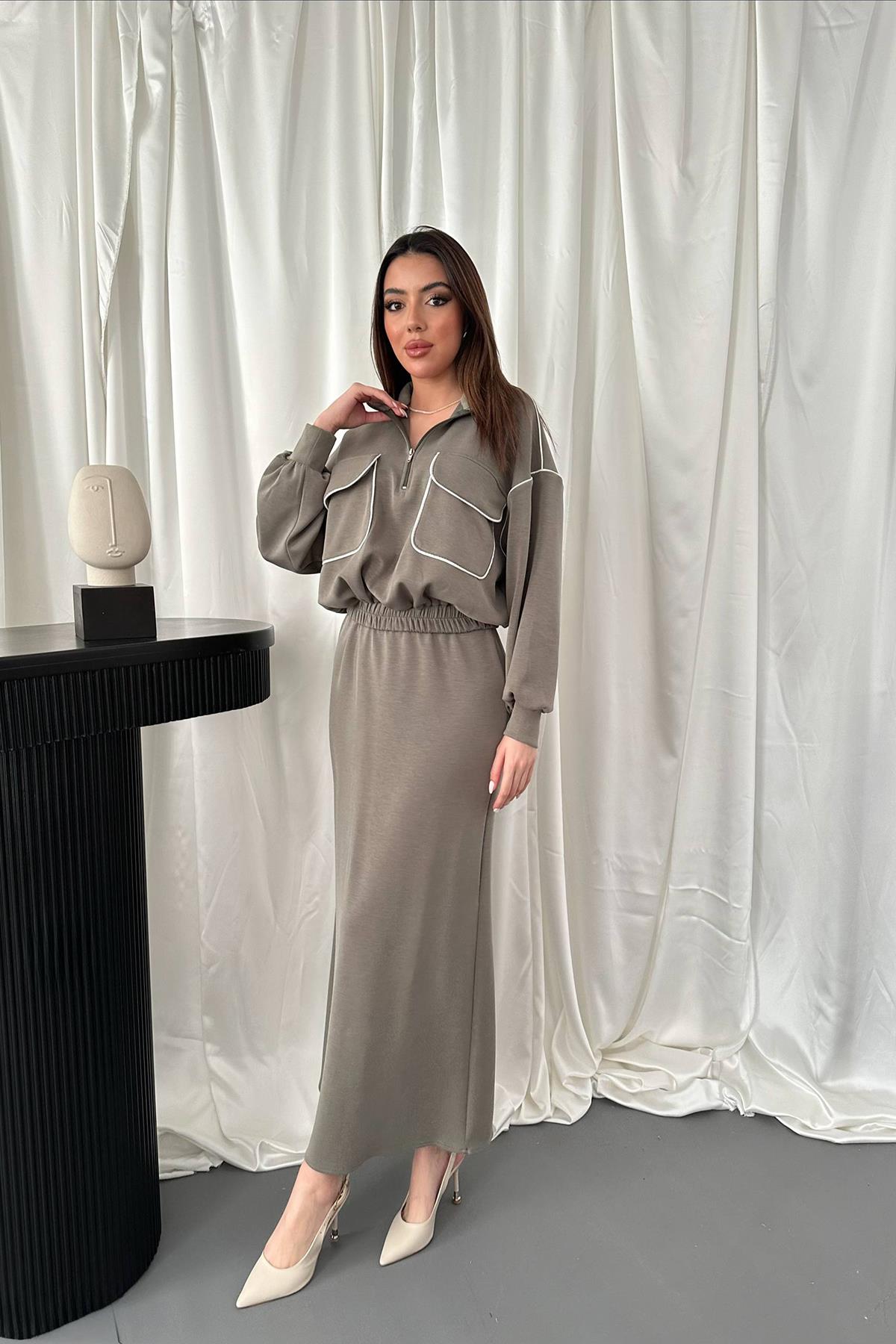 Toptan Haki Biyeli Sweatshirt Ve Etek Takım