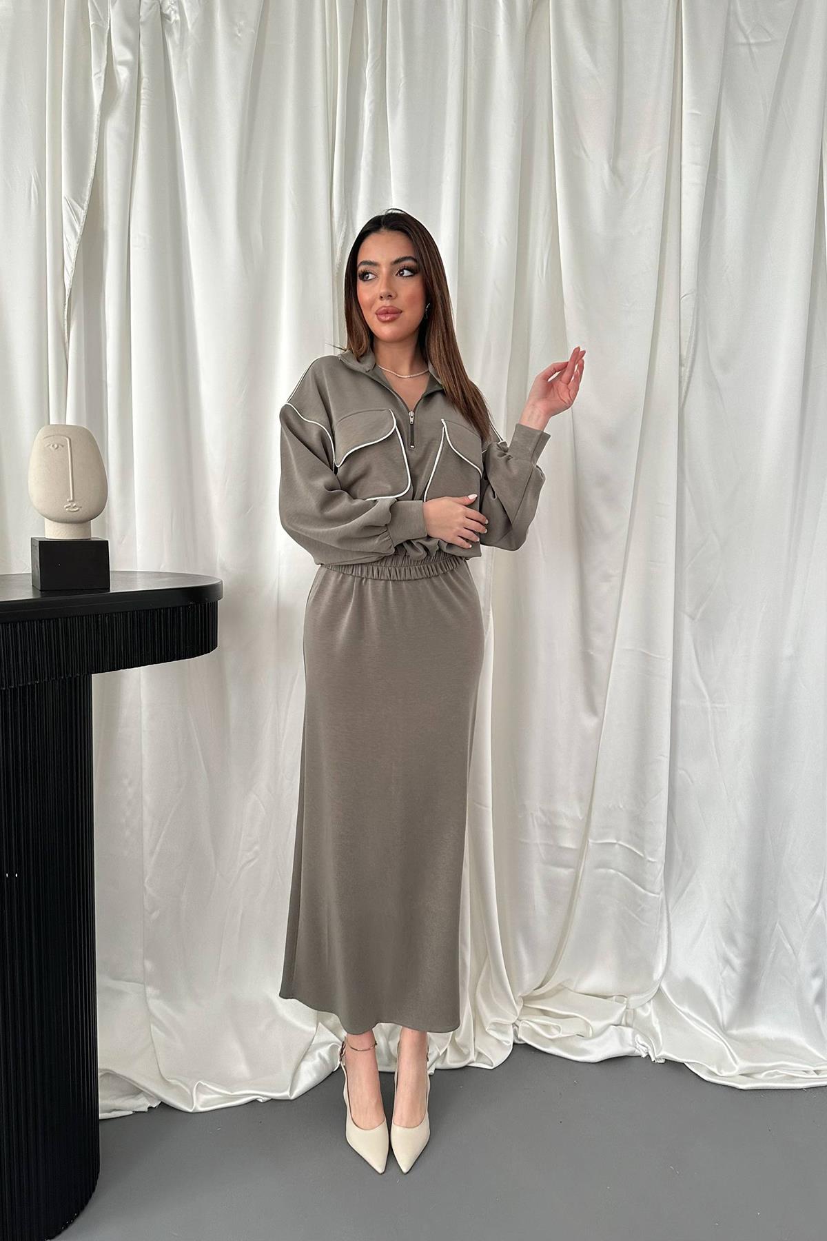 Toptan Haki Biyeli Sweatshirt Ve Etek Takım Haki L