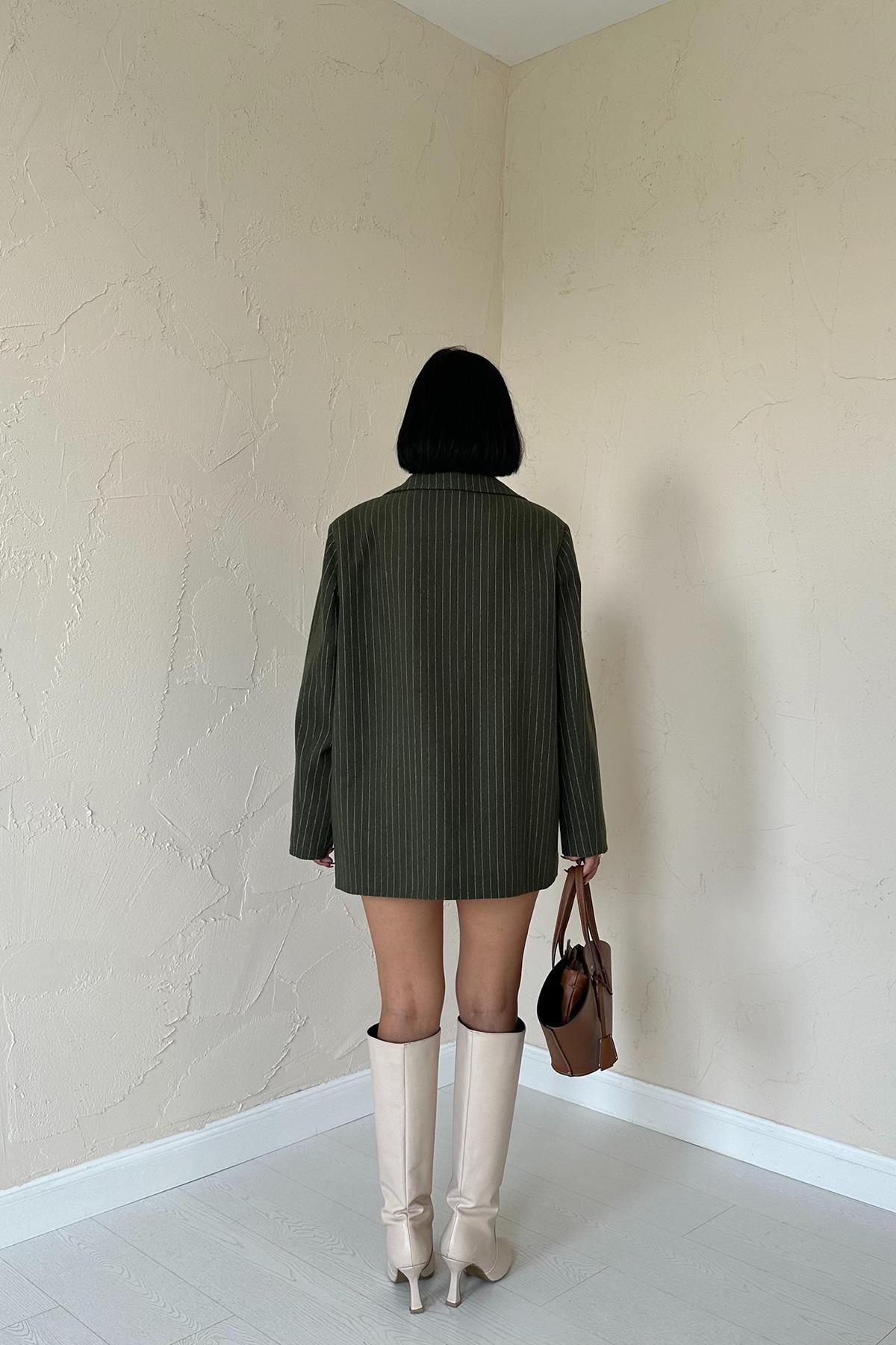 Toptan Haki Çizgili Oversize Ceket