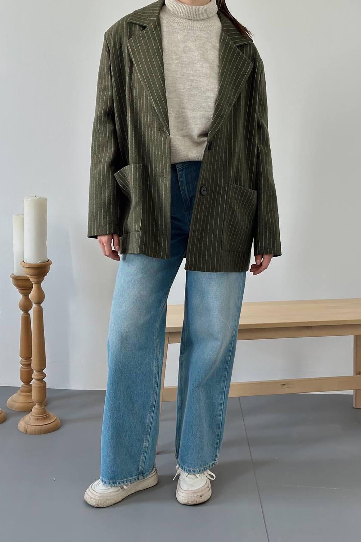 Toptan Haki Çizgili Oversize Ceket